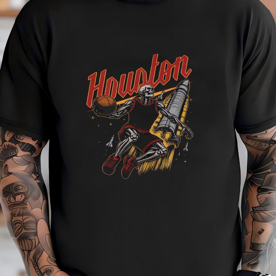 Houston Basketball Skeleton Graphic Sweatshirt - Vintage Rockets Crewneck Sweatshirt T-shirt