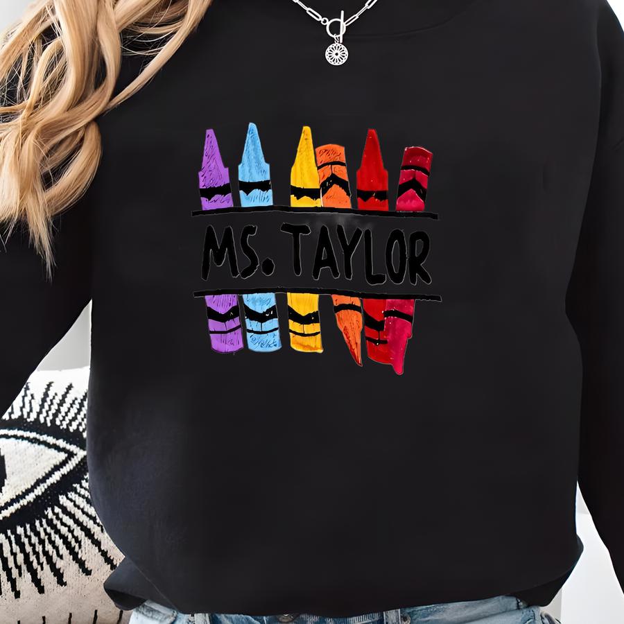 Personalized Crayon Teacher Quarter Zip Crewneck Sweatshirt, Custom Name Pullover, Colorful Teacher Gift, Back To School Outfit Sweatshirt