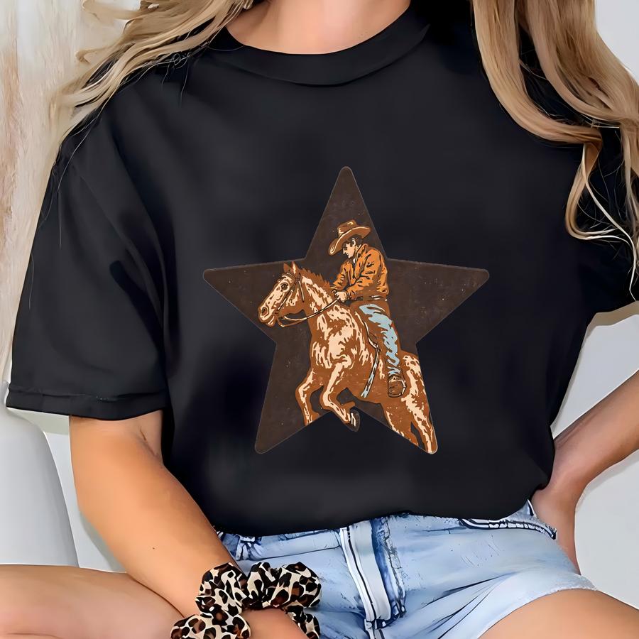 Western Cowboy Star Hoodie, Vintage Rodeo Graphic Tee, Country Rider Shirt, Horseback Riding Gift, Hoodie, Sweatshirt, Long Sve  Sku3 3 T-shirt