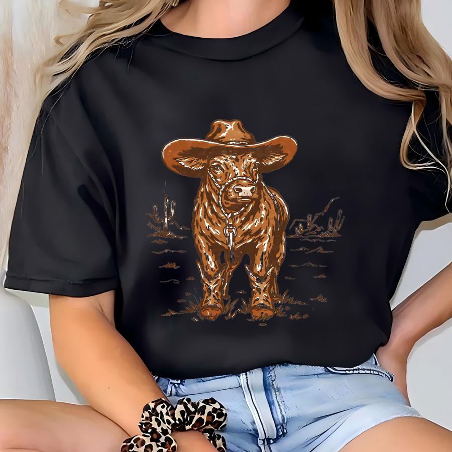 Cowboy Cow Hoodie, Western Cow Tee, Country Farm Animal Shirt, Ranch Life Gift, Hoodie, Sweatshirt, Long Sve  Sku3 4 T-shirt