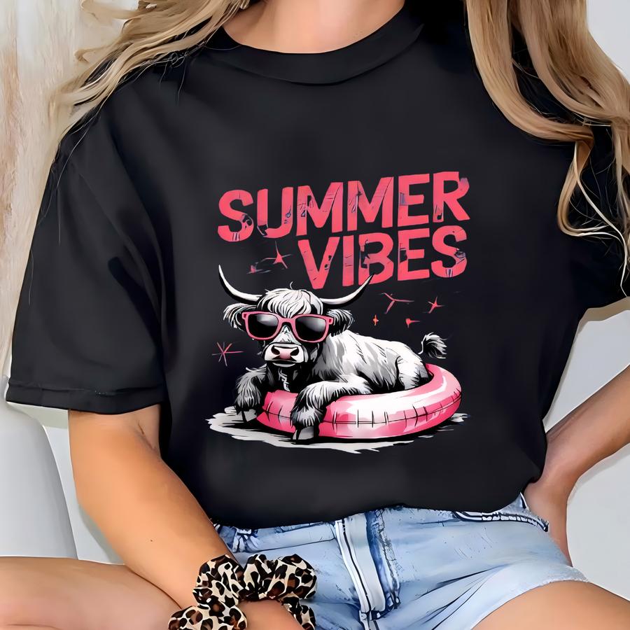 Summer Vibes Highland Cow Shirt, Funny Beach Shirt, Summer Vibes Shirt, Cow Lover Summer Gift, Western Summer Shirt, Beach Vibes Shirt T-shirt