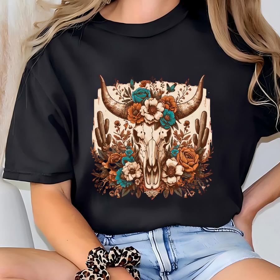 Floral Cow Skull Hoodie: Vintage Western Music Tee T-shirt