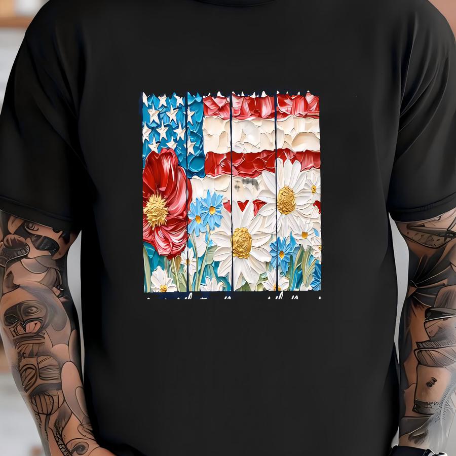 Floral American Flag Shirt: 4th Of July Patriotic Gift T-shirt