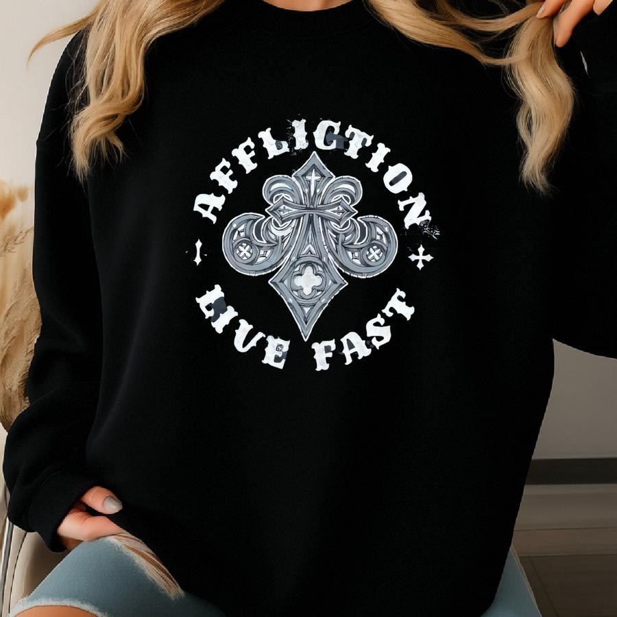 Affliction Live Fast Fluer De Lis Contrast Stitch Distressed T-shirt Made In Usa Size Xl Sweatshirt