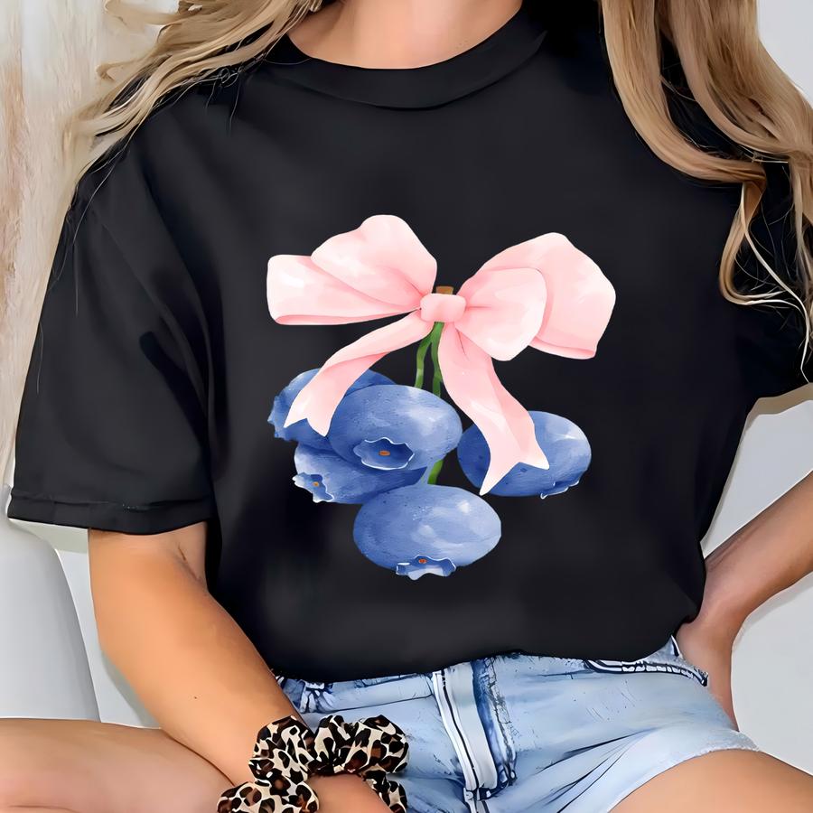 ®blueberry Coquette Bows Hoodie,blueberry Vintage Festival Shirt,cottagecore Summer Fruit Blueberry Ribbon Botanical Shirt T-shirt