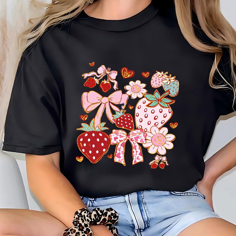 ® Boho Strawberry Coquette Shirt, Strawberries Shirt, Strawberry Festival, Summer Strawberry, Floral Stawberry, Summer Shirt T-shirt