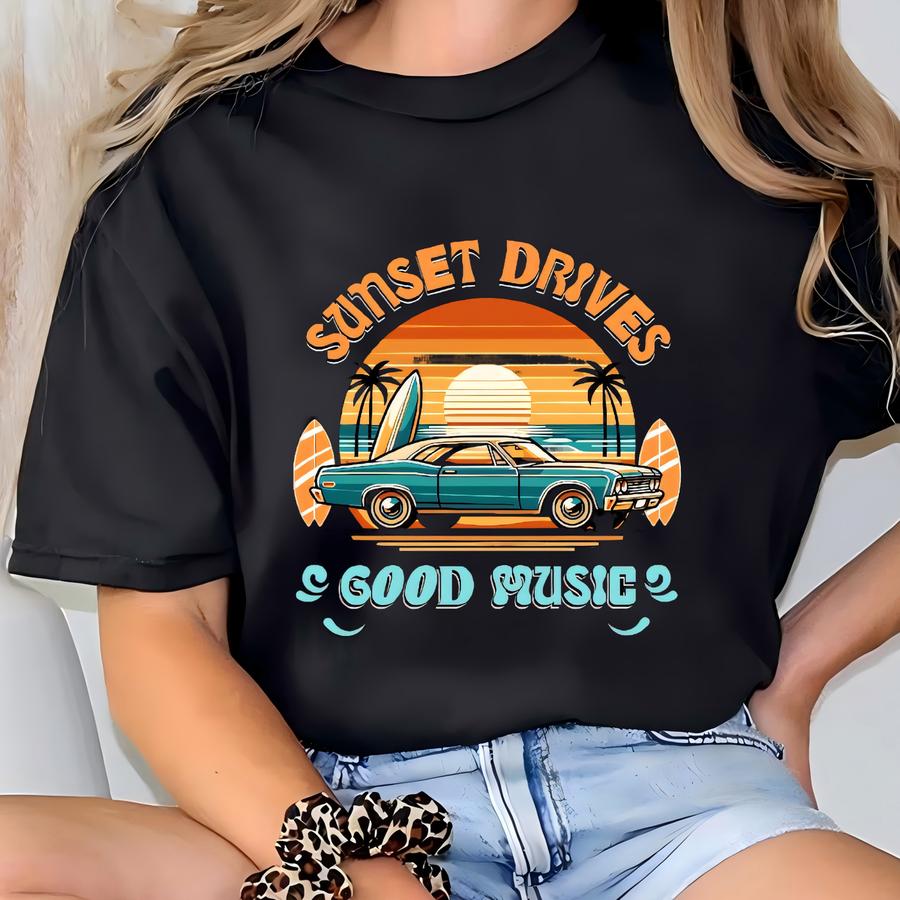 Sunset Drives Tee: Vintage Car Graphic, Surf Apparel T-shirt