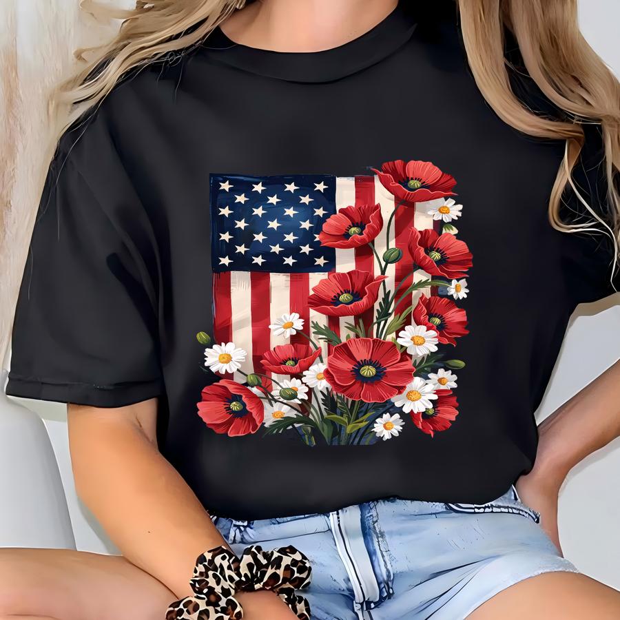 Floral American Flag Tee: 4th Of July Patriotic Shirt T-shirt