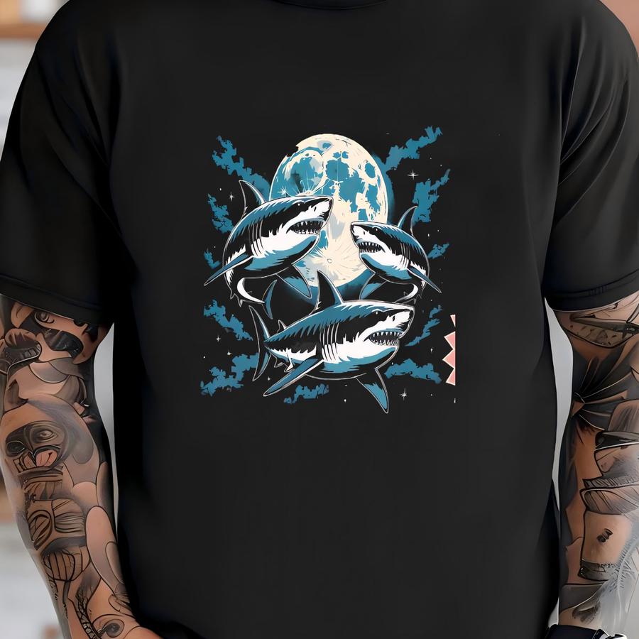 Retro Shark Moon Distressed Shirt, Three Sharks Vintage Retro 90s Y2k Tee, Funky Fashion Apparel Cute Hoodie, For Her T-shirt
