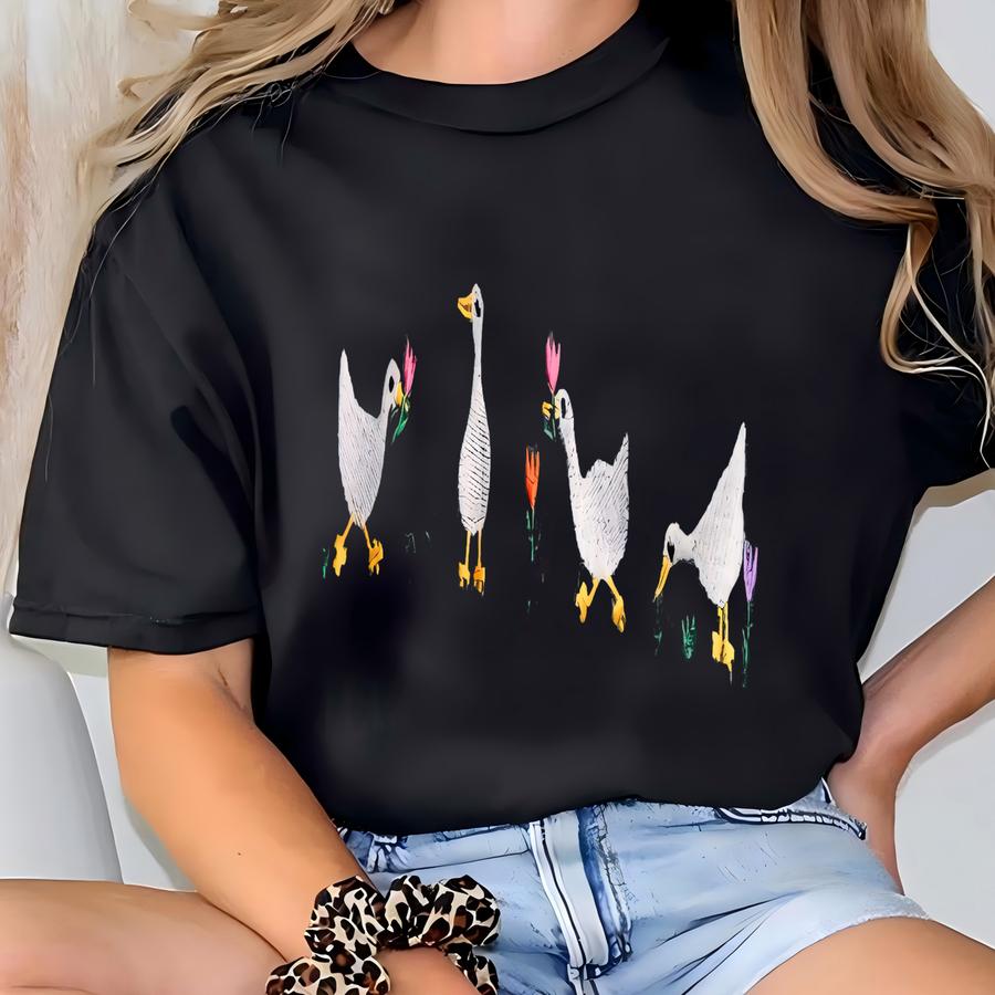 Duck Duck Goose Tee, Ducks And Flowers Ultra Soft Tee, Monochromatic Tshirts T-shirt