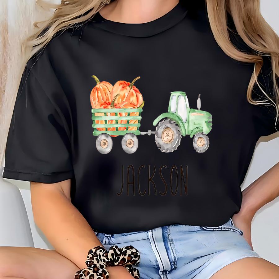 Personalized Pumpkin Tractor Kids Shirt, Halloween Green Tractor Toddler Hoodie, Custom Halloween Boys Shirt, Custom Halloween Kids Tees T-shirt