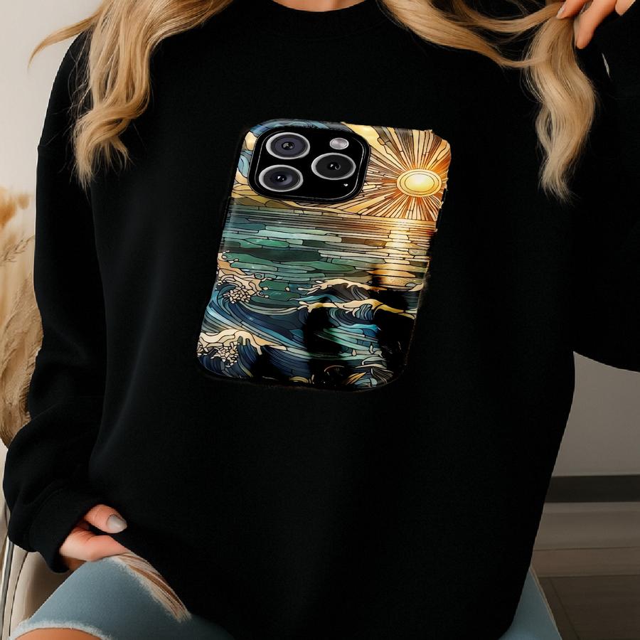 Stained Glass Ocean Sunset Phone Case: Al Waves Design Sweatshirt