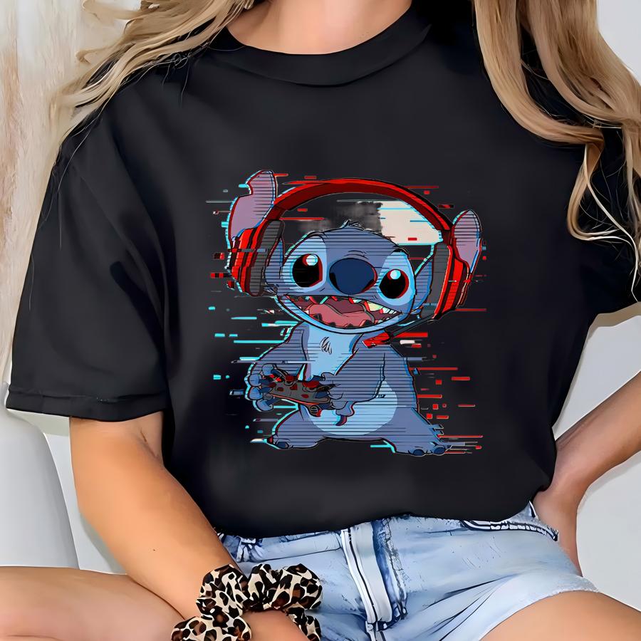 Lilo Stitch Gamer Glitch Headset And Controller Hoodie, Land Family Matching Shirt, Birthday Gifts,  T-shirt