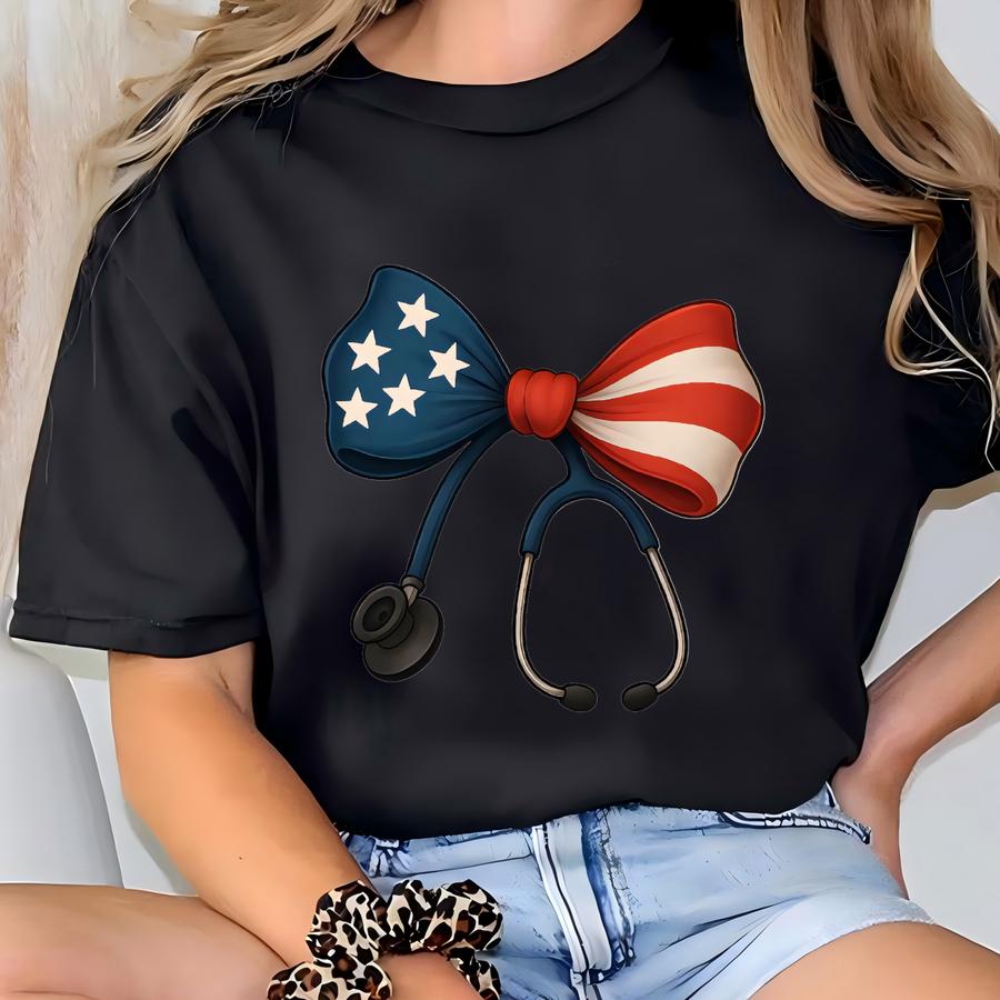 ® Patriotic Stethoscope Bow Shirt, Nurse American Bow Shirt, 4th Of July Nurse Shirt, American Flag Tee, Patriotic Nurse Shirt T-shirt