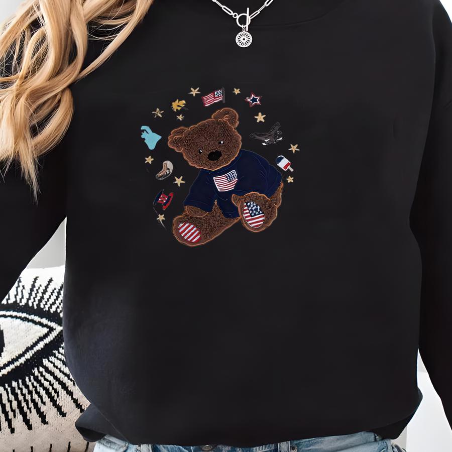 America Teddy Applique Crewneck Sweatshirt, Patriotic Bear Tshirt Sweatshirt