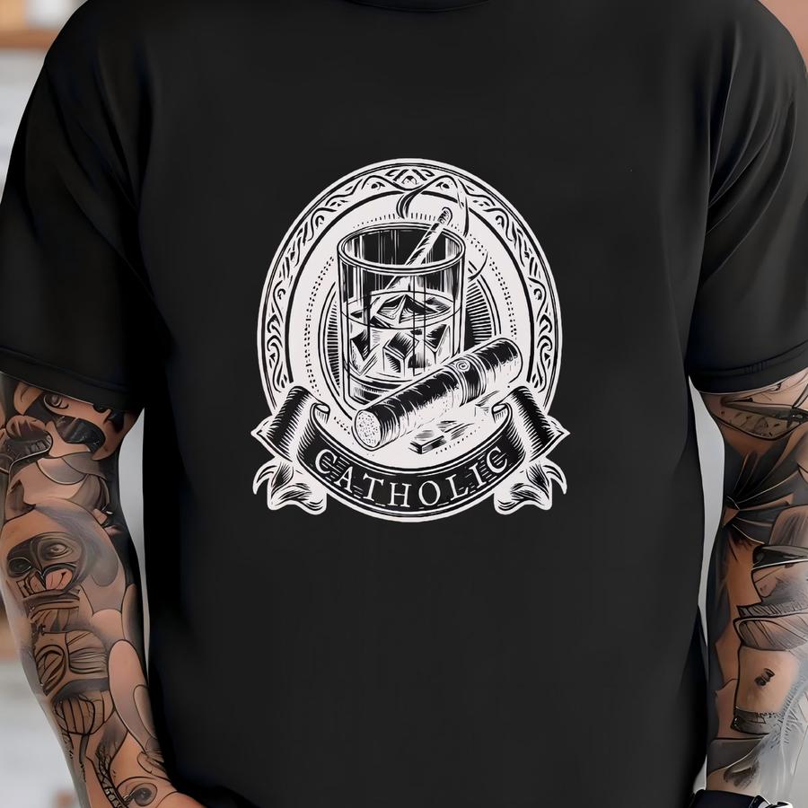 Catholic Tee For Men | Whiskey And Cigar Hoodie | Fathers Day Gift | Catholic Shirt For Him | Religious Apparel | Traditional Catholic Gift T-shirt