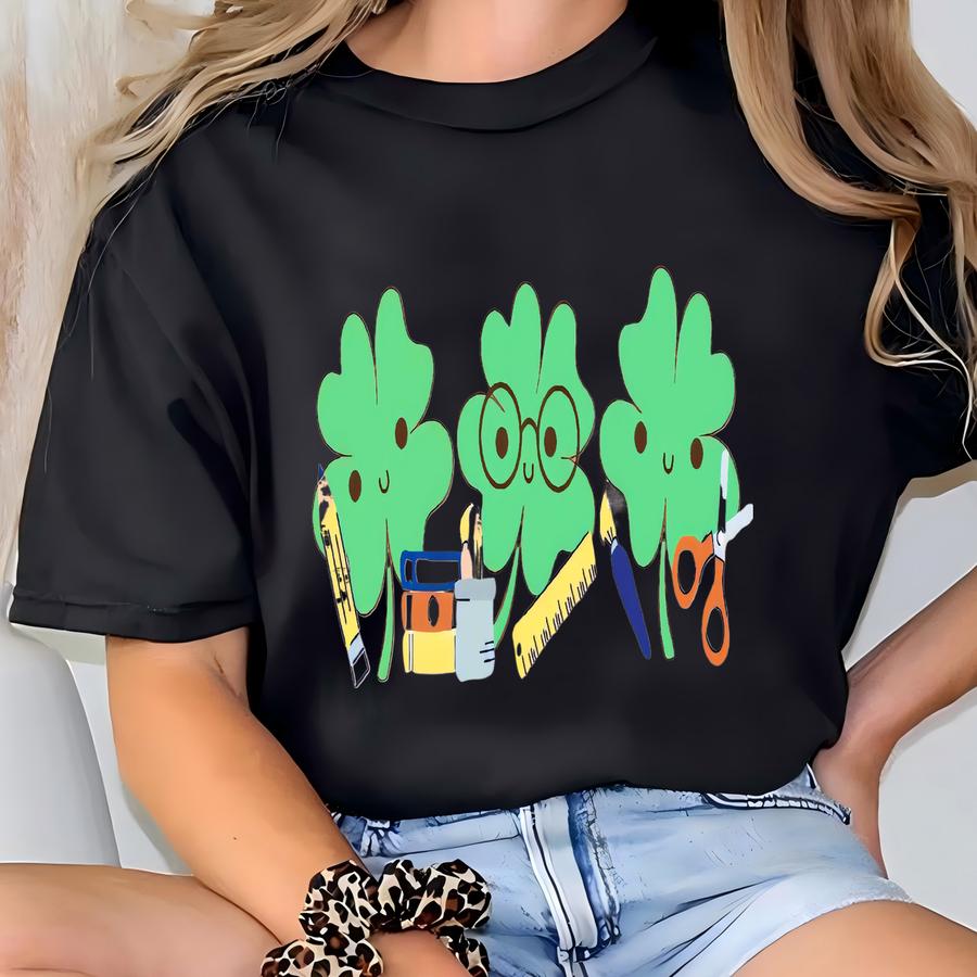St. Patrick's Day School Supply Clover Shirt For Teachers Unisex Teacher Team Tee Shamrock School Tshirt Teacher Gift Cute Clover Teacher T-shirt