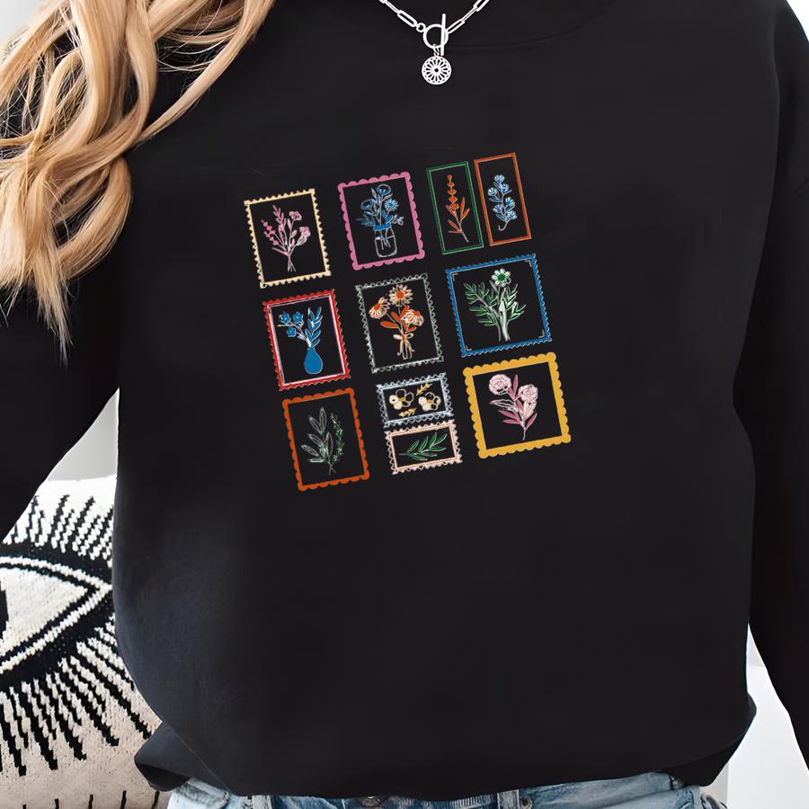 Whimsical Flower Postage Stamp Tee, Boho Floral Tee, Wildflower Womens Tee, Gifts For Womens, Floral Tee, Wildflower Sweatshirt