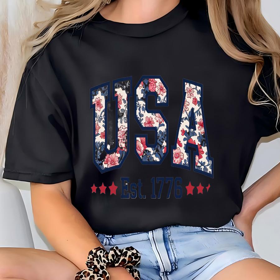 Floral Usa Sweatshirt, American Girl Sweatshirt, Usa Est 1776 Sweatshirt, Girly 4th Of July Shirt, Patriotic Women Shirt, Flower Usa Shirt T-shirt