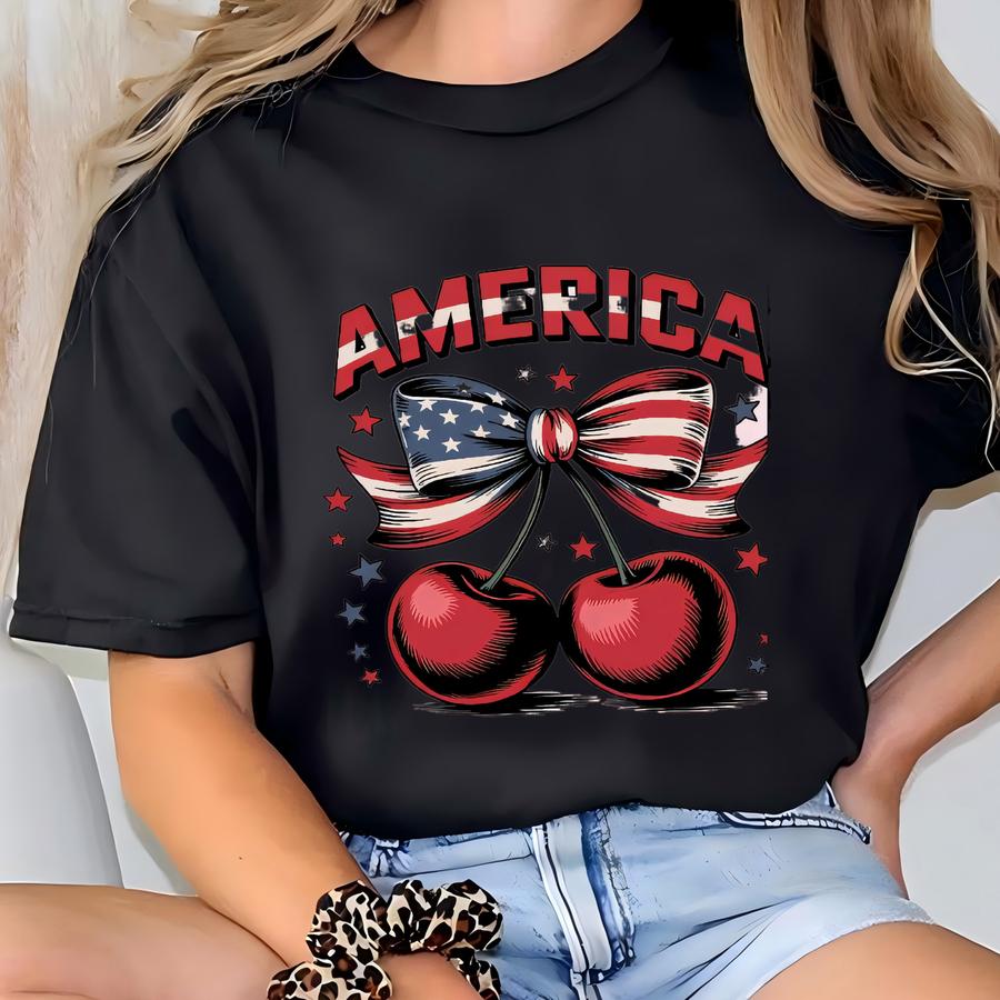 America Cherry Bow Shirt, Custom 4th Of July Usa Tee, Cute Patriotic Summer Shirt, Independence Day Country Gift, Freedom Tee T-shirt