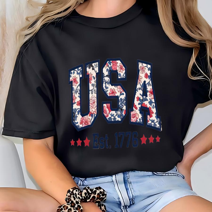 Floral Usa Shirt, American Girl Shirt, Usa Est 1776 Shirt, Girly 4th Of July Shirt, Patriotic Women Shirt, Flower Usa Shirt T-shirt
