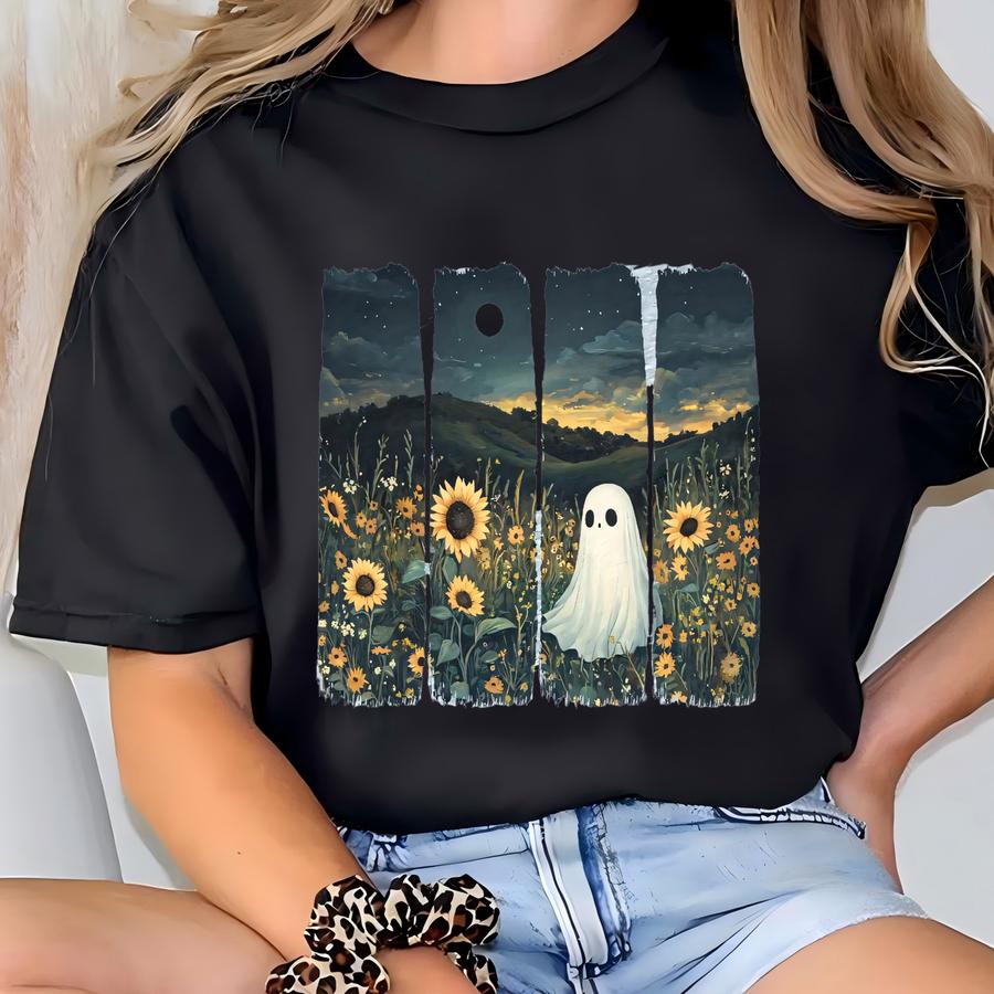 Cute Ghost In Suowers Shirt, A Ghost's Stroll Through Suower Fields, Ghostcore, Cottagecore T-shirt