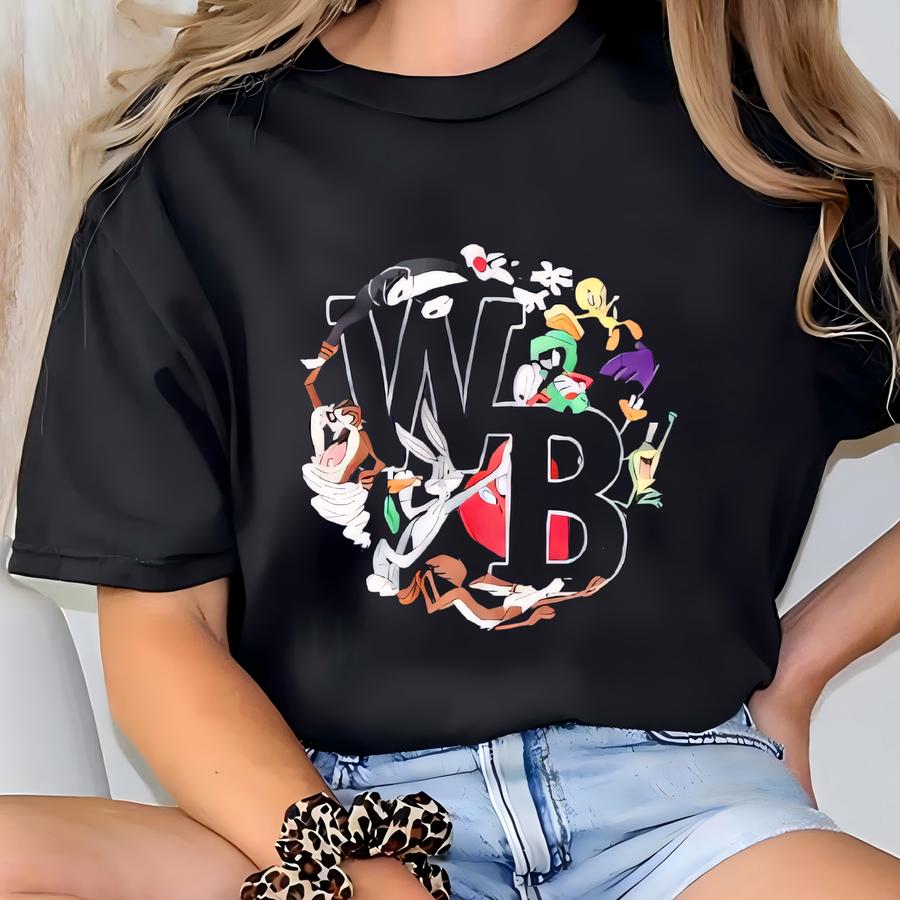 Vintage 90s Warner Bros Looney Tunes Full Character Jacket Warner Bros Hoodie Warner Bros Fce Y Logo Gray Color Men's M T-shirt