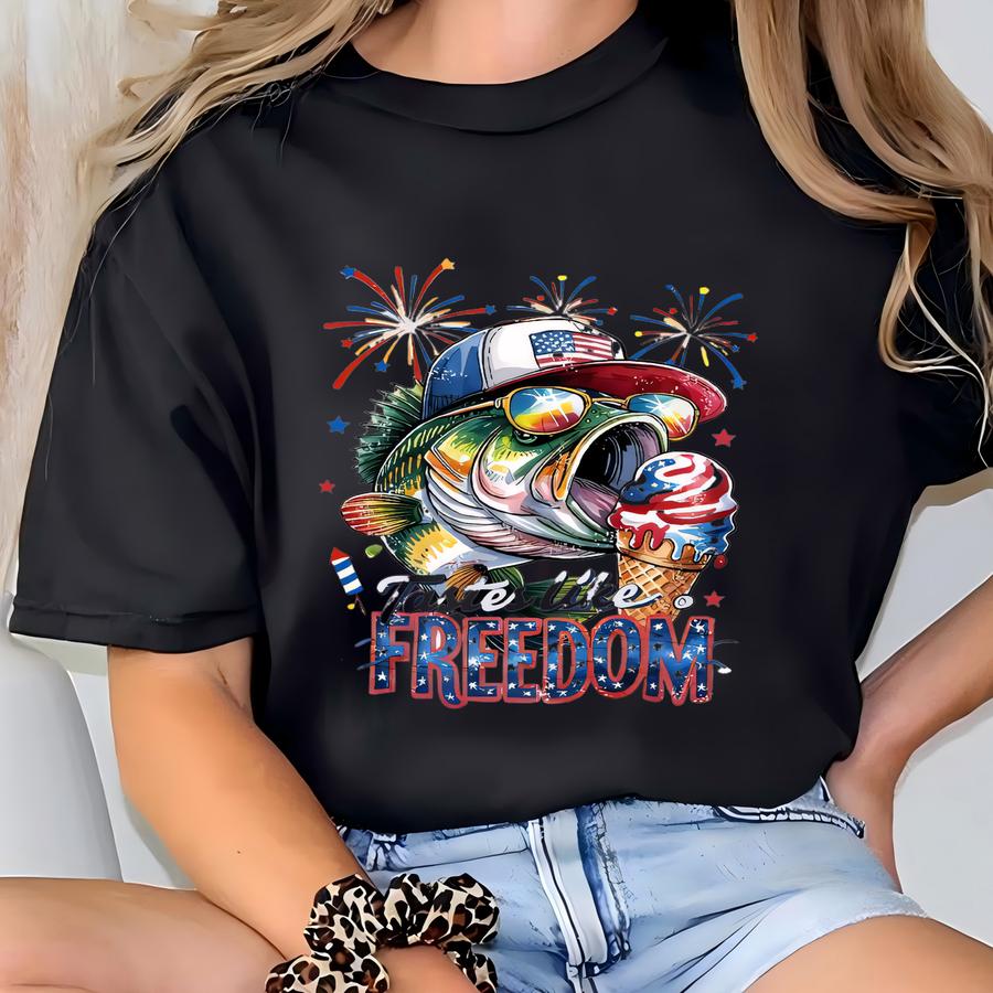 Tastes Like Freedom Shirt, Funny Fishing Usa Tee, Patriotic Fisherman Gift, 4th Of July Fish Apparel, Freedom Bass Top Shirt T-shirt