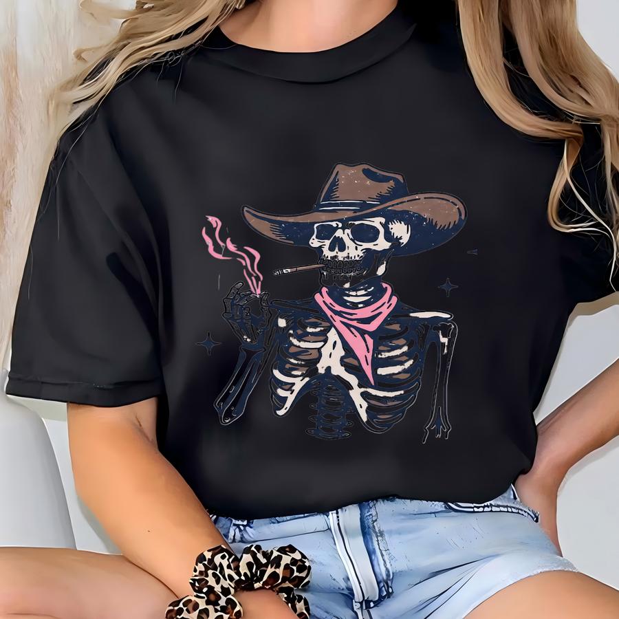 Cowboy Skeleton Shirt Western Smoking Skull Tee – Halloween Hoodie, Hoodie, Sweatshirt, Long Sve, Funny Spooky Gift Sku3 21 T-shirt