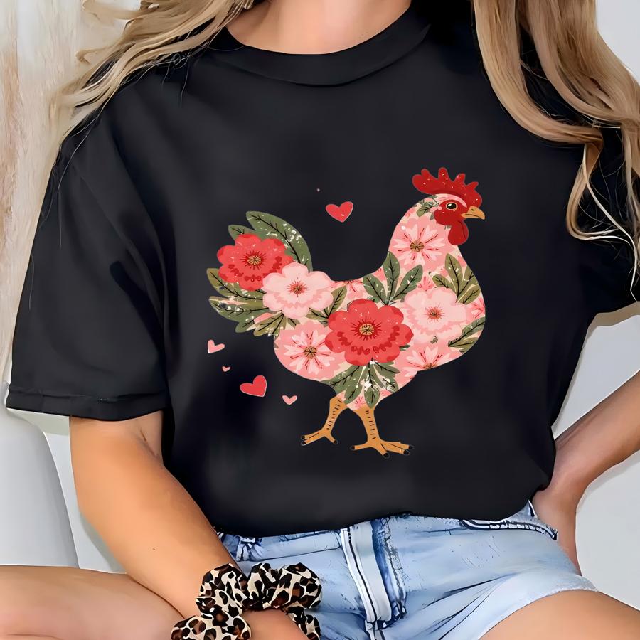 Floral Chicken Shirt – Cute Valentine’s Hoodie With Flowers Hearts, Hoodie, Sweatshirt, Long Sve, Farm Gift For Her Sku3 26 T-shirt