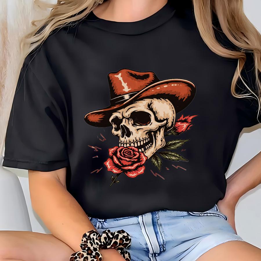Cowboy Skull With Rose Shirt – Western Gothic Hoodie, Hoodie, Sweatshirt, Long Sve, Country Rock Gift For Men Women Sku3 24 T-shirt