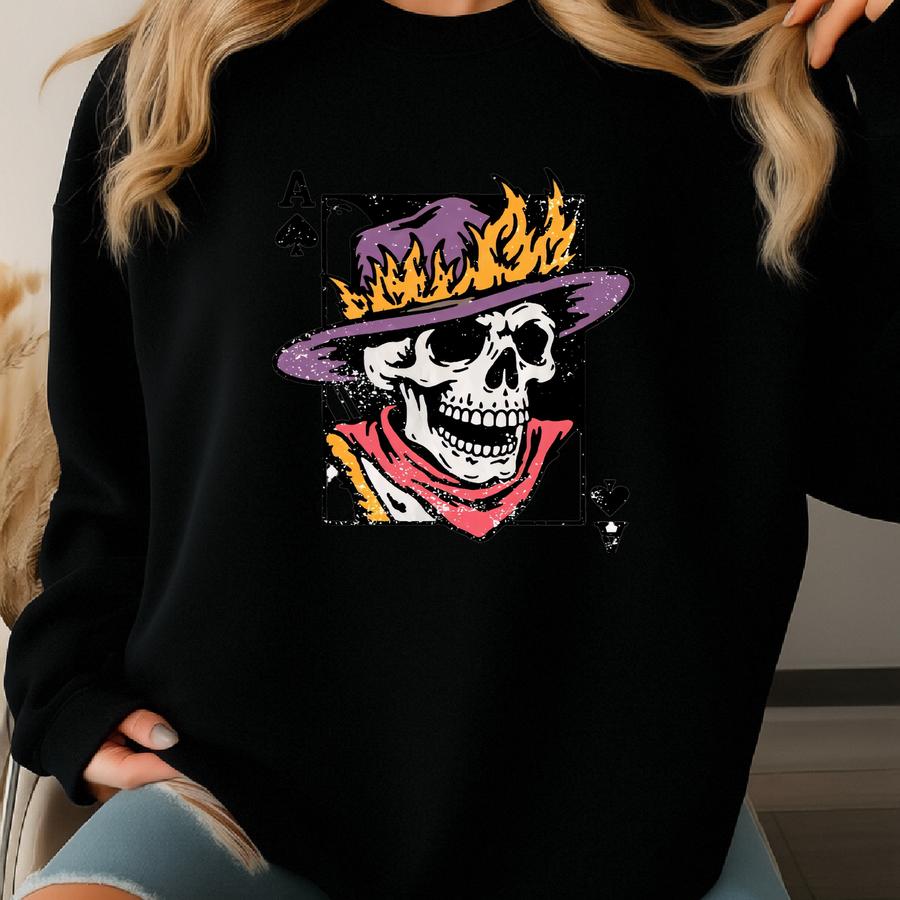 Ace Of Spades Skeleton Shirt – Flaming Cowboy Skull T-shirt, Hoodie, Sweatshirt, Long Sve, Gothic Western Gift For Him Sku3 27 Sweatshirt
