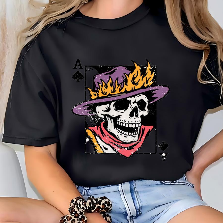 Ace Of Spades Skeleton Shirt – Flaming Cowboy Skull Hoodie, Hoodie, Sweatshirt, Long Sve, Gothic Western Gift For Him Sku3 27 T-shirt