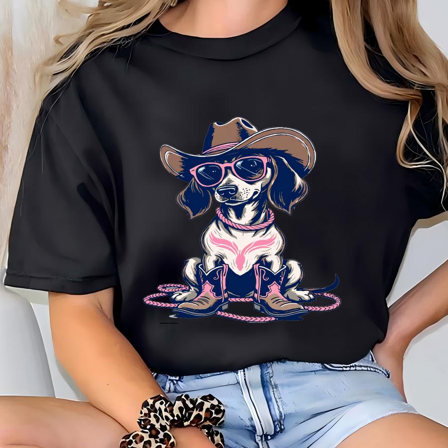 Cowgirl Dog Shirt – Cute Western Dachshund Hoodie, Hoodie, Sweatshirt, Long Sve, Pink Boot Rodeo Gift For Dog Moms Sku3 32 T-shirt