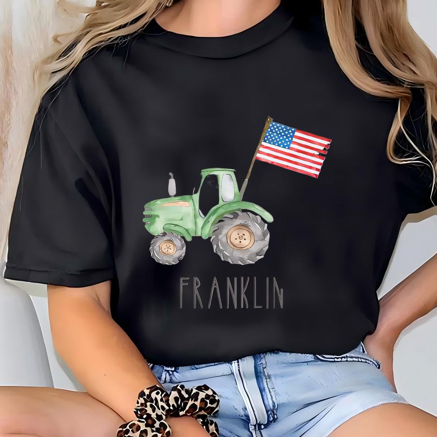 Watercolor Flag Green Tractor With Custom Name Hoodie: Boys Fourth Of July Tee - Al1480 T-shirt