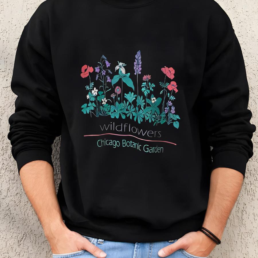 Vintage 90's Morning Sun Graphic Black Sweatshirt Morning Sun Wildflowers Chicago Botanic Garden Printed Sweater Flower Art Pullover Size L Sweatshirt