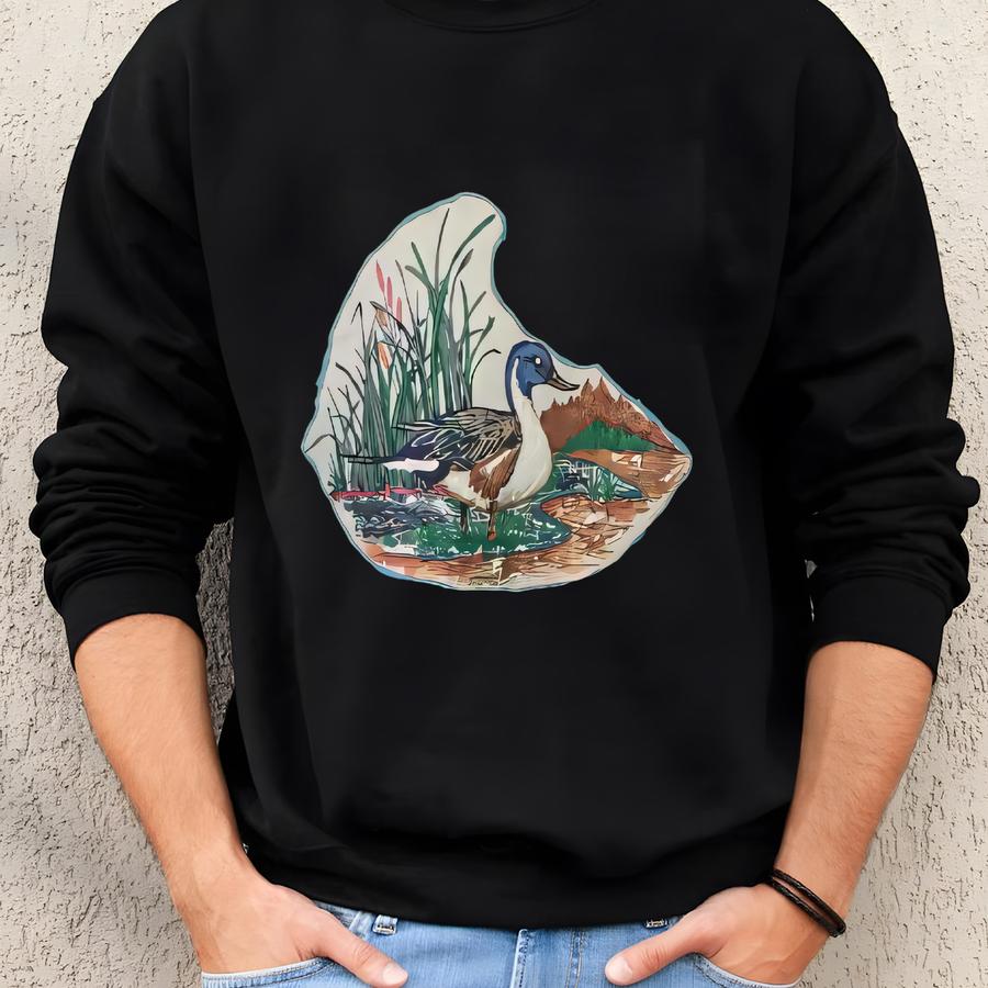 Vintage 90's Retro Graphic Duck Animal Turquoise Sweatshirt Medium Mallard Duck Nature Big Printed Sweater Jumper Duck Animal Habitat Size M Sweatshirt
