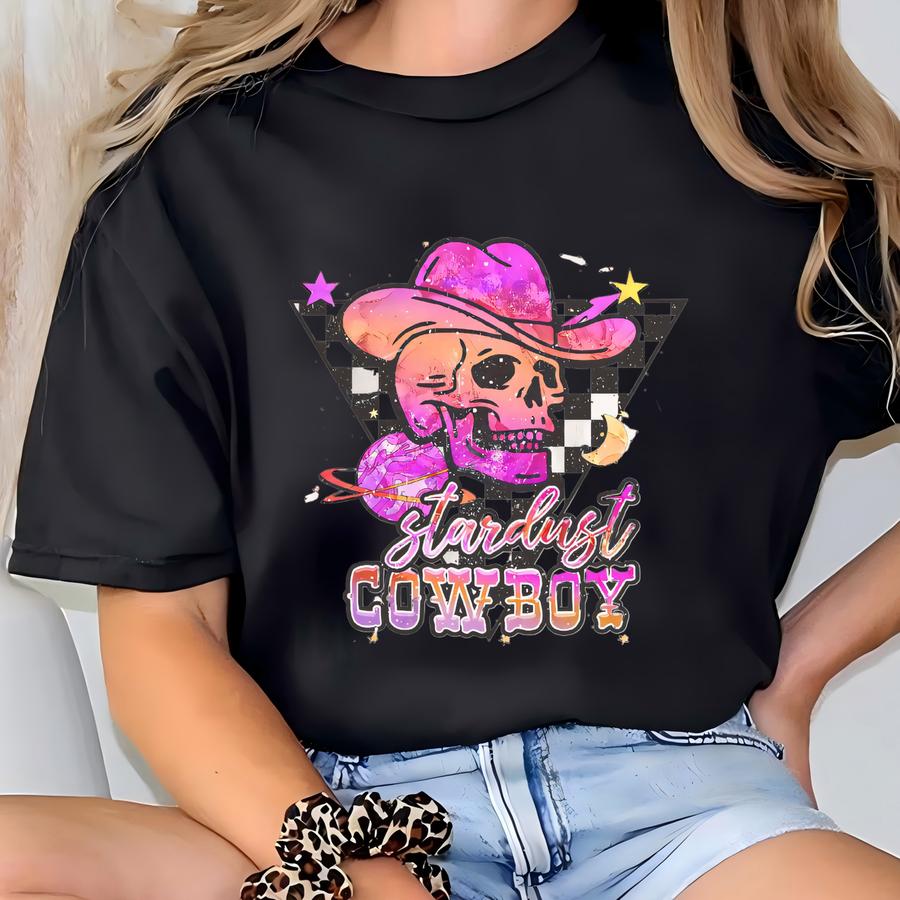 Stardust Cowboy Shirt Western Retro Skull Tee | Pink Cosmic Cowgirl Graphic Tee | Vintage Country Aesthetic Shirt | Skuc 17 T-shirt