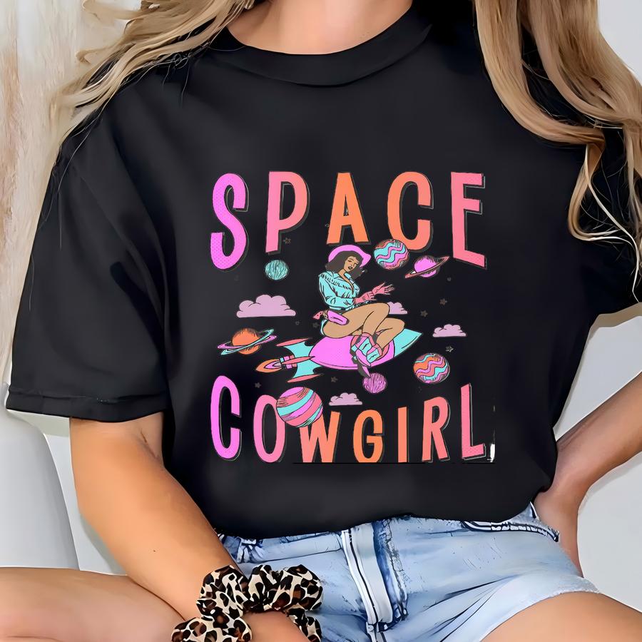 Space Cowgirl Shirt, Galaxy Cowgirl Graphic Tee – Western Rodeo Rocket Babe – Hoodie, Hoodie, Sweatshirt, Long Sve, Gift Skuc 19 T-shirt