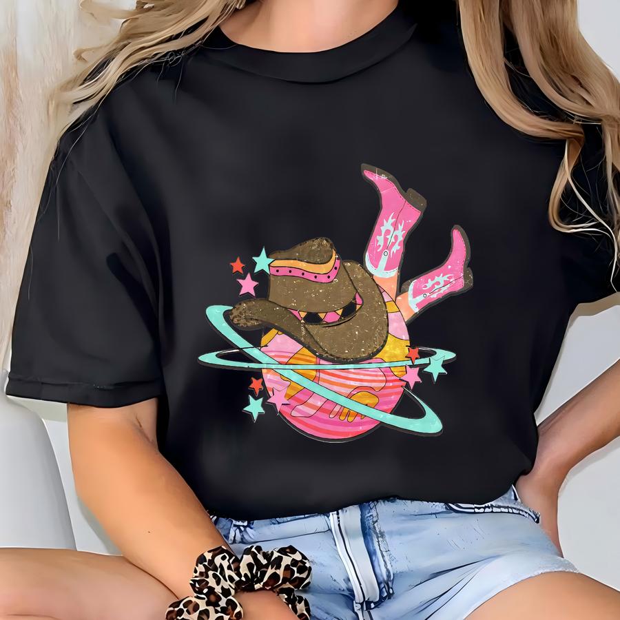 Cowgirl Space Boots Shirt, Pink Western Hoodie, Rodeo Cowgirl Digital Tee, Retro Galaxy Country Graphic, Cowgirl Png – Skuc 18 T-shirt