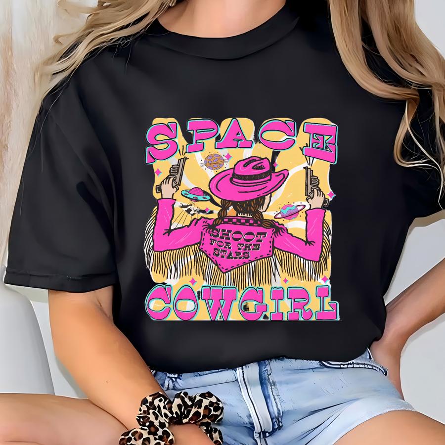 Space Cowgirl Shirt, Western Outer Space Graphic Tee – Pink Fringe Ufo Cowgirl Vibe – Hoodie, Hoodie, Sweatshirt, Long Sve, Gift Skuc 20 T-shirt
