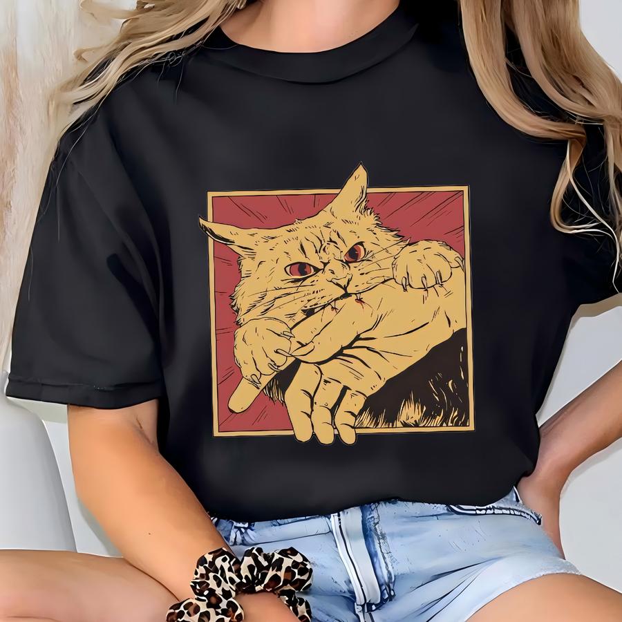 Vintage Cat Bite Shirt, Japanese Horror Anime Tshirt, Retro Graphic Tee, Horror Cat Shirt, Cats Crazy Shirts Cool Graphic Unisex T Shirts T-shirt