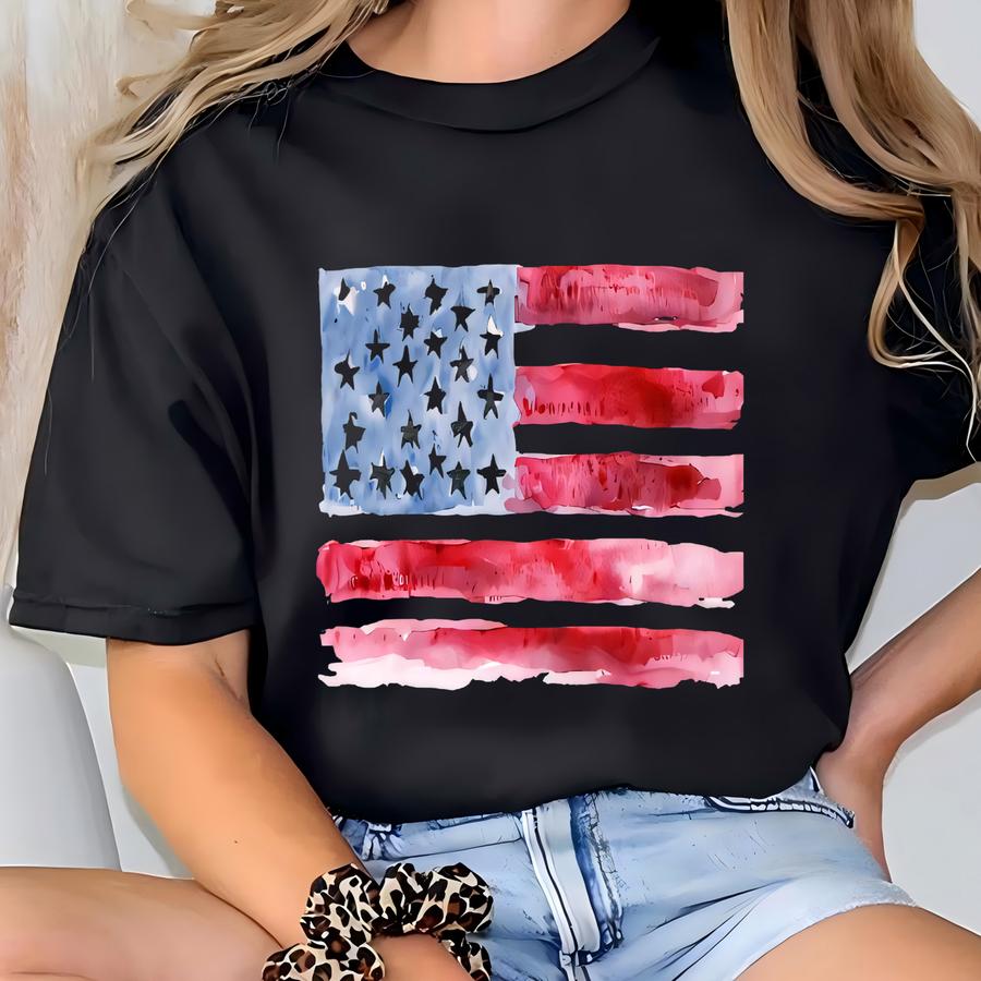 Retro Comfort American Flag Shirt, Usa Flag Hoodie, 4th Of July Outfit, Women's Independence Day Gift, Patriotic Mom Crewneck T-shirt