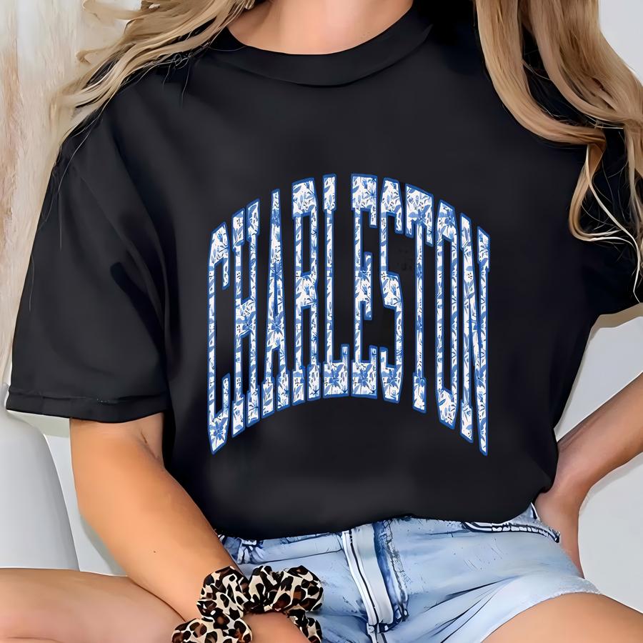 Charleston West Virginia Sweatshirt: Blue Floral Varsity Style T-shirt