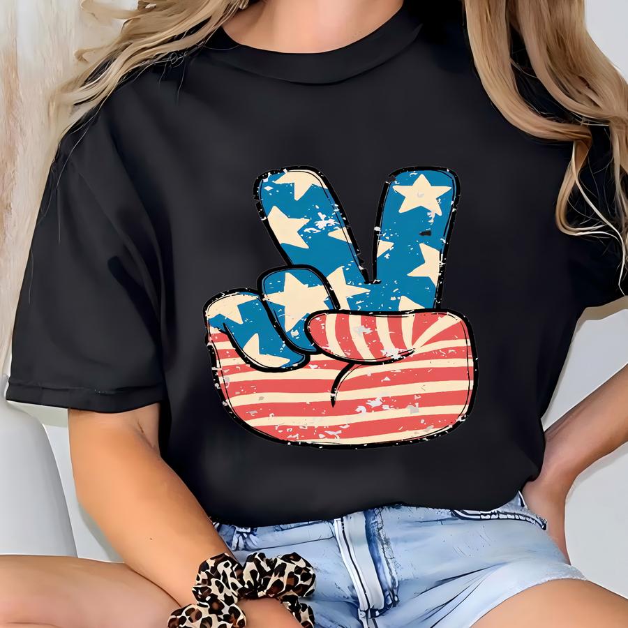 Retro Comfort America Peace Hoodie, American Women Shirt, 4th Of July Tee, Patriotic Mom Gift, Usa Flag Peace Shirt, Freedom Tee T-shirt