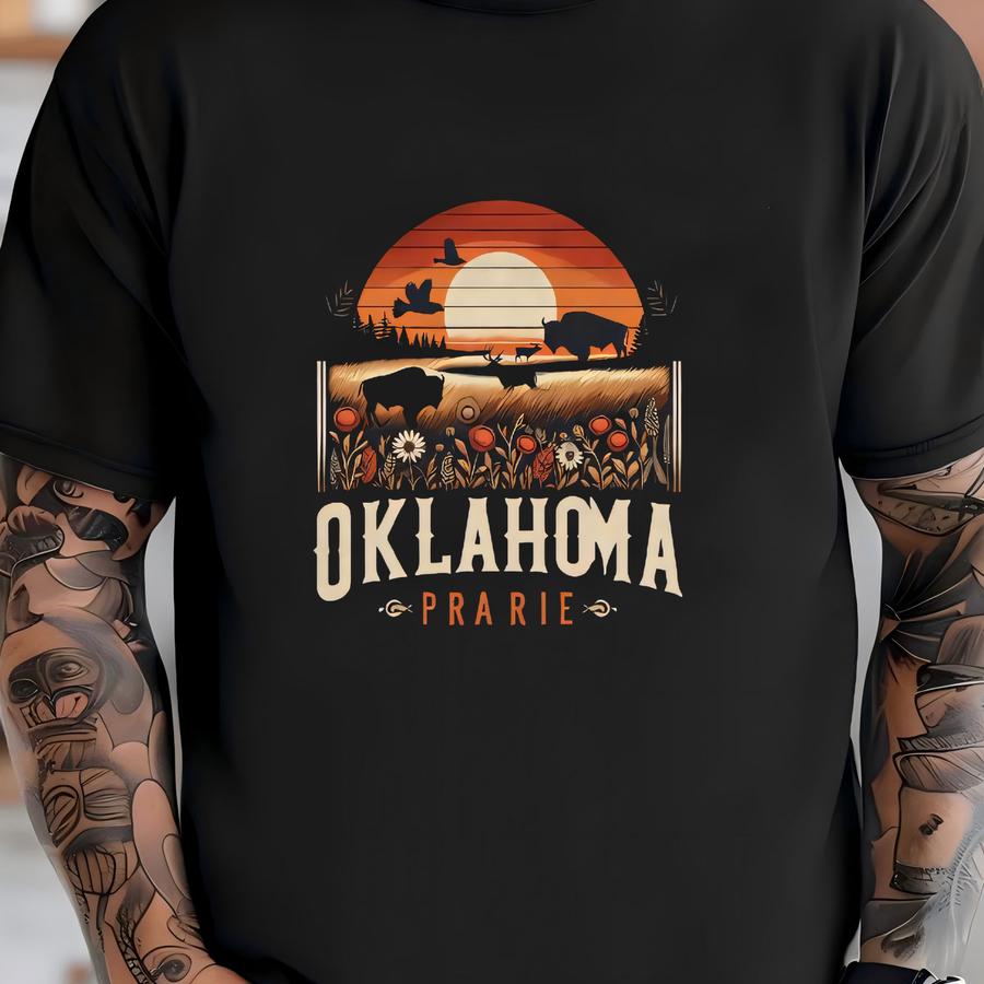 Oklahoma Bison Tee - Eco Tote - Prairie Landscape T-shirt