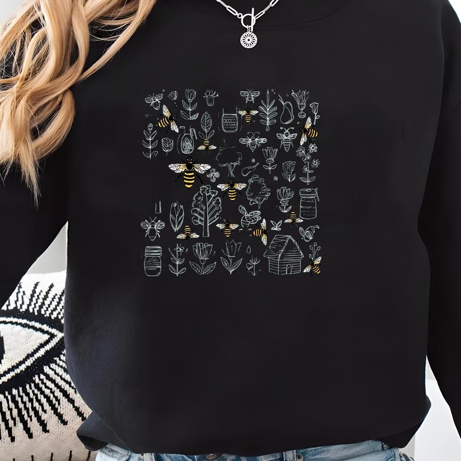 Vintage Bee Botanical T-shirt, Honeycomb Doodle Shirt, Unique Honey Bees Shirt, Bee Lovers Tee, T-shirts, Bumblebees Shirt Sweatshirt