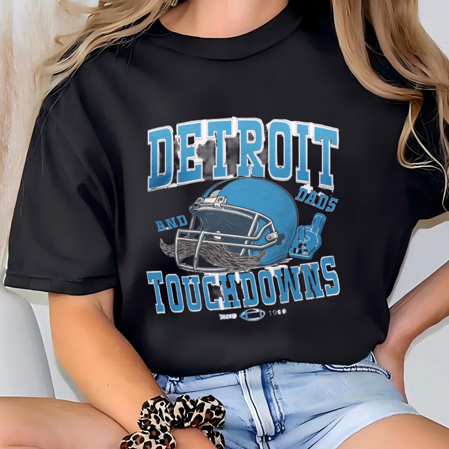 Detroit Football Dad Shirt, Father's Day Gift For Detroit Dads, Mustache Helmet Tee, Dads And Touchdowns Tee, Vintage Retro 80s Style Shirts T-shirt