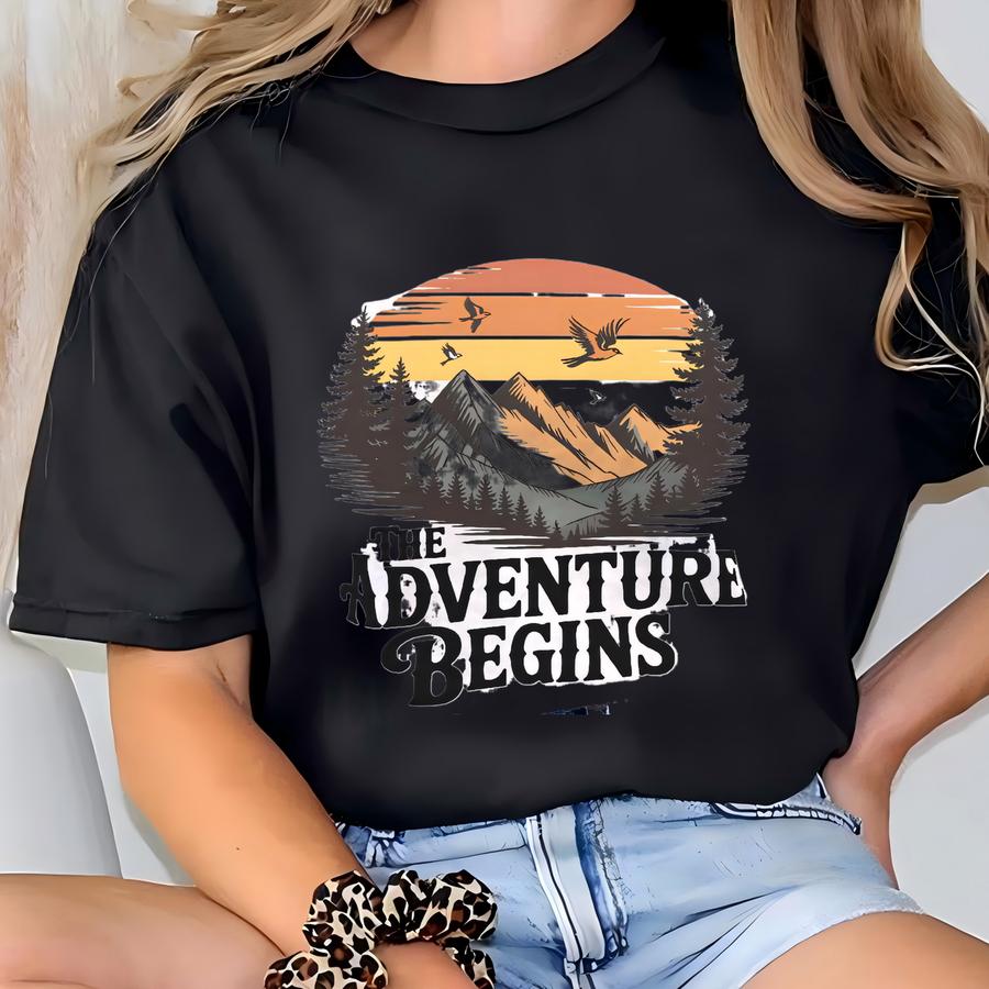 Adventure Begins Crewneck Shirt, Hiking Mountain Sunset Tee, Outdoors Adventure Sweatshirt Hoodie T-shirt