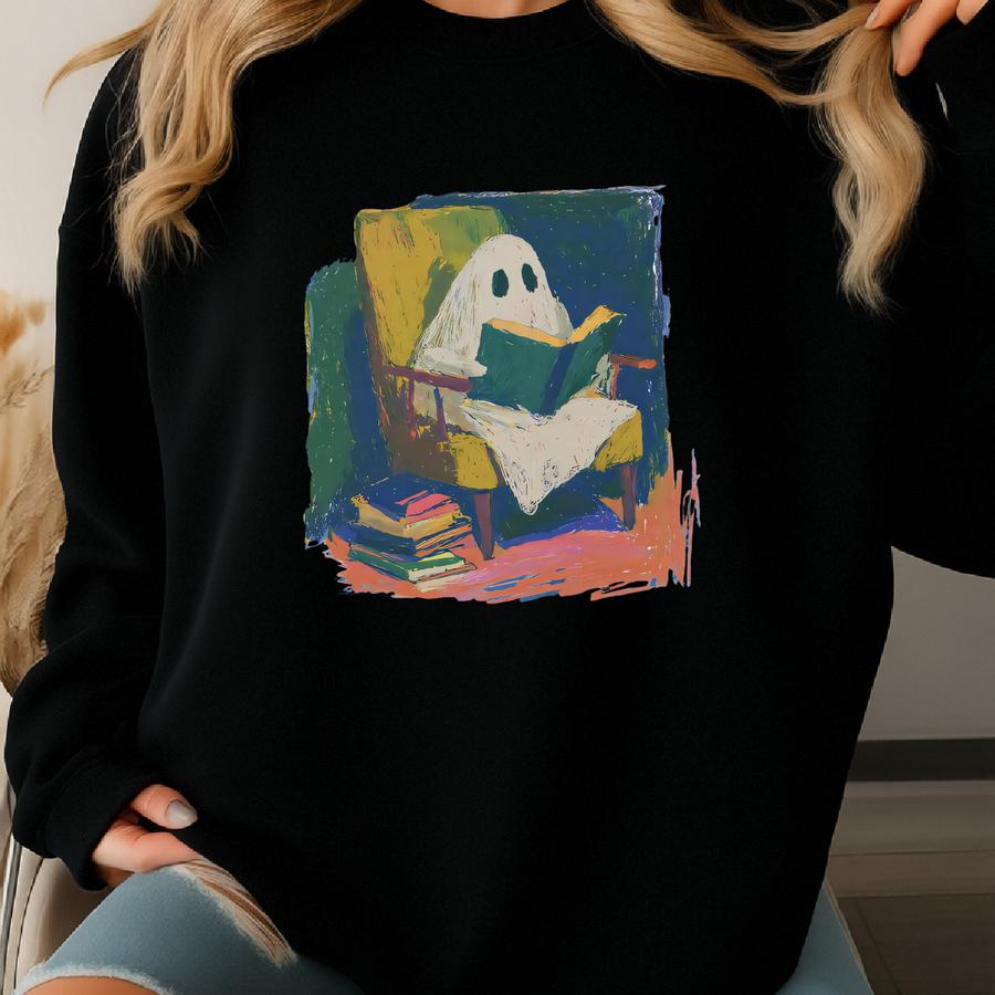Cozy Ghost Reading Sweatshirt Halloween Book Lover Apparel Sweatshirt